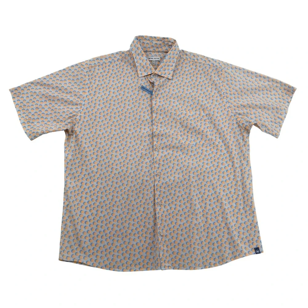 Peter Millar Mens XL Orange Blue Umbrella Print Short Sleeve Untucked Shirt Golf